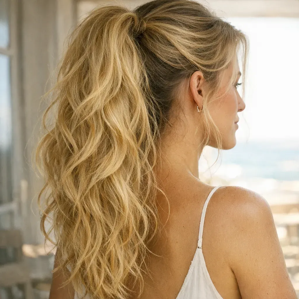 Coiffure Blake Lively tuto&nbsp;: boucles larges, queue-de-cheval bombée et effet plage