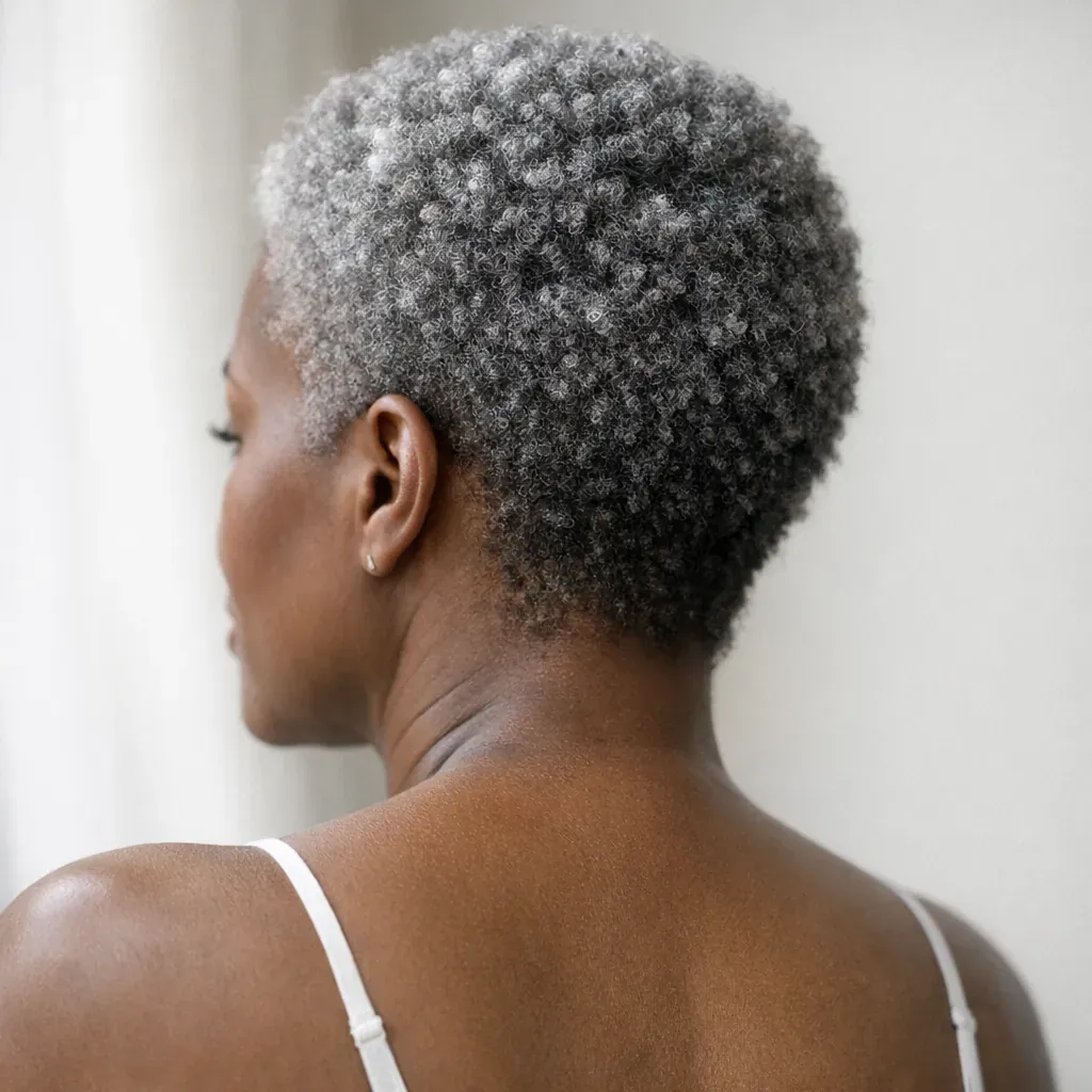 Les Cheveux Gris Afro court révèlent un style affirmé