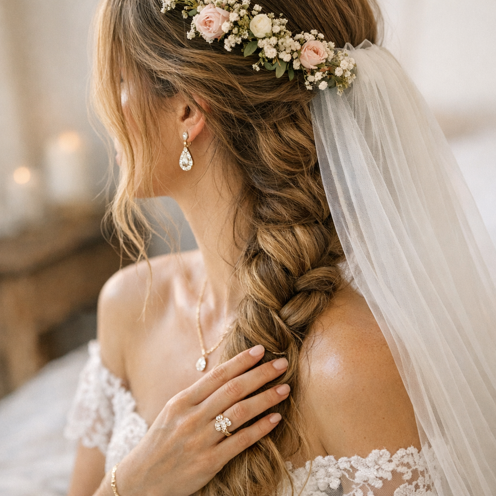 Voile, couronne de fleurs et bijoux&nbsp;: accessoiriser sans surcharger