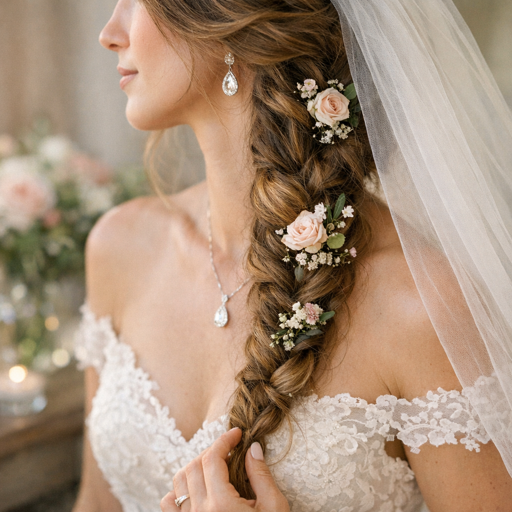 Voile, bijoux et fleurs&nbsp;: adapter la tresse de côté au style de la mariée