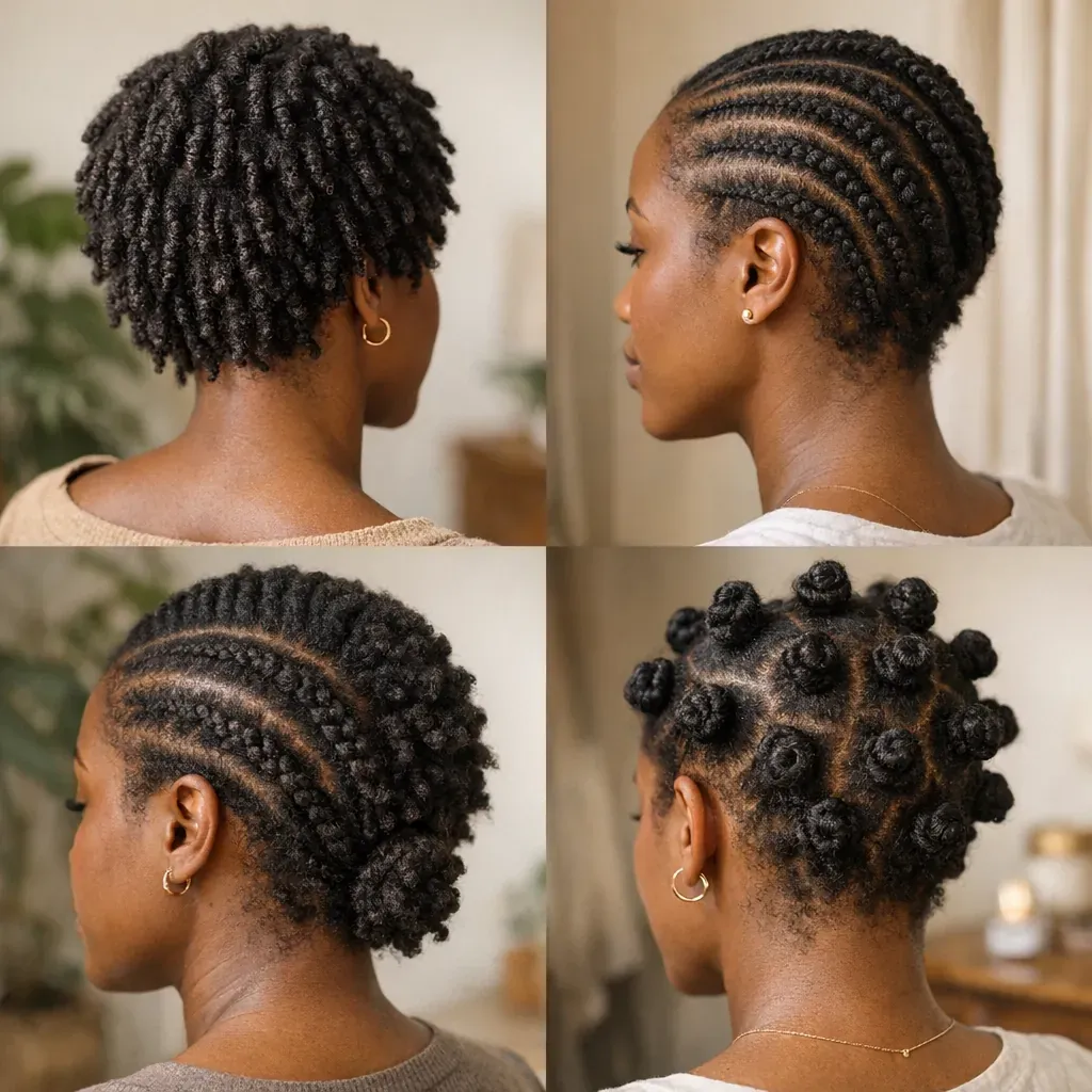 Tresses, cornrows, flat twists et Bantu knots&nbsp;: styles courts sans rajouts ou avec peu de tension