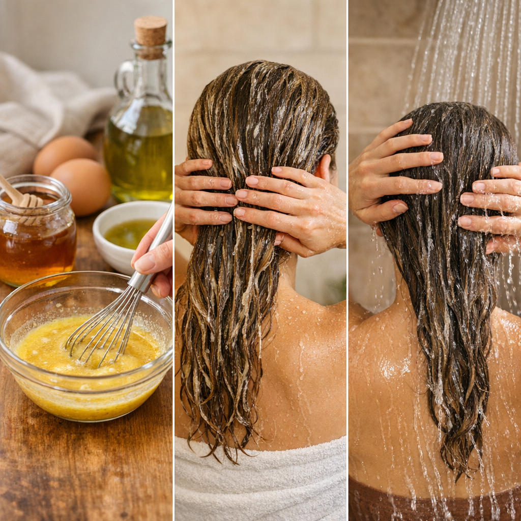 Recette de masque cheveux œuf miel huile d’olive&nbsp;: préparation, pose et rinçage sans grumeaux